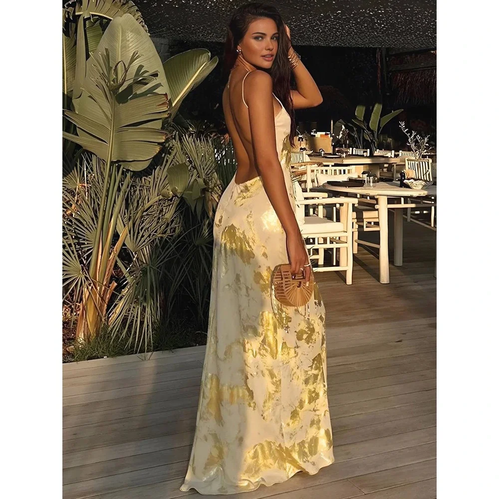 Commense Slinky Gold Print Maxi Dress, Sleeveless Evening Gown Open Back Party S - Picture 4 of 8